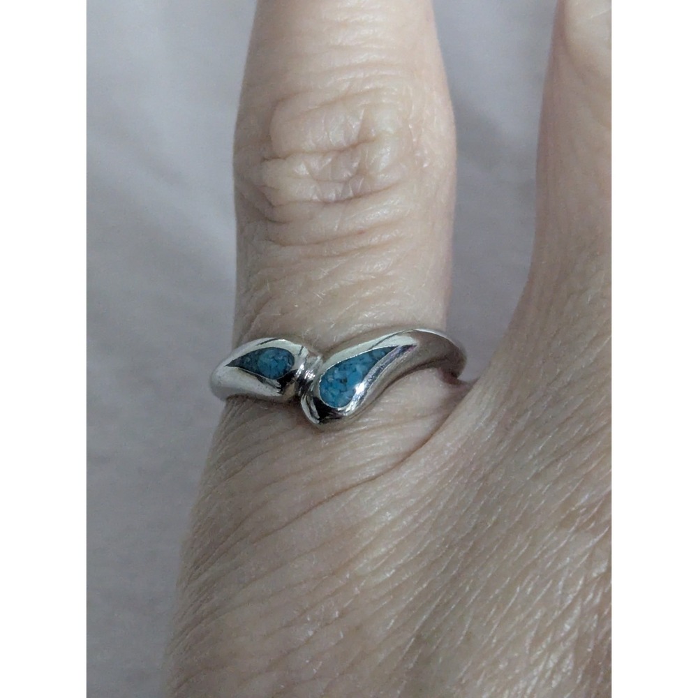 Double turquoise inlay teardrop Womens silver band ring 6 unisex Mens pinky GIFT